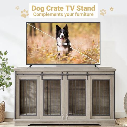 Rovibek 61'' Double Dog Crate Furniture for 2 Dogs, Large Double Dog Kennel Furniture TV Stand, Heavy Duty Dog Crate, Furniture Style Dog Crate End Table, Wood Crates for Dogs Kennel Indoor in Kuwait