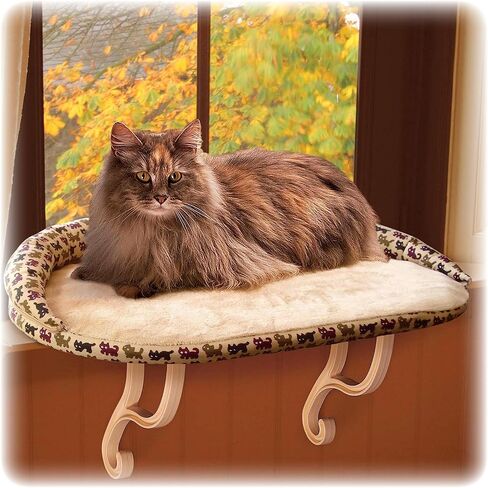 K&H Pet Products عتبة كيتي فاخرة مع سرير نافذة للقطط، مجثم نافذة للقطط للقطط الكبيرة، أرجوحة نافذة للقطط، مقعد نافذة للقطط، سرير نافذة للقطط، أرجوحة للقطط - طباعة ليوبارد تان in Kuwait