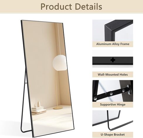 دولونم مراة قوس بطول كامل 64 × 21 انش، مراة ارضية قائمة بتصميم عصري، مراة لكامل الجسم لغرفة المعيشة وغرفة النوم والحمام والمرحاض والرواق، اسود (اطار من خليط الالومنيوم المعدني) in Kuwait