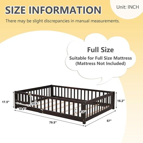 Dolonm Twin Size Montessori Bed, Toddler Floor Bed for Kids, Floor Platform Bed with Fence Guardrails and Door, Montessori Floor Bed Frame, Wooden Floor Bed Toddler, Espresso in Kuwait