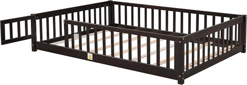 Dolonm Twin Size Montessori Bed, Toddler Floor Bed for Kids, Floor Platform Bed with Fence Guardrails and Door, Montessori Floor Bed Frame, Wooden Floor Bed Toddler, Espresso in Kuwait