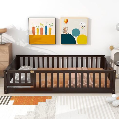 Dolonm Twin Size Montessori Bed, Toddler Floor Bed for Kids, Floor Platform Bed with Fence Guardrails and Door, Montessori Floor Bed Frame, Wooden Floor Bed Toddler, Espresso in Kuwait