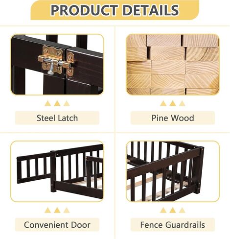 Dolonm Twin Size Montessori Bed, Toddler Floor Bed for Kids, Floor Platform Bed with Fence Guardrails and Door, Montessori Floor Bed Frame, Wooden Floor Bed Toddler, Espresso in Kuwait