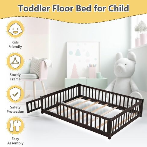 Dolonm Twin Size Montessori Bed, Toddler Floor Bed for Kids, Floor Platform Bed with Fence Guardrails and Door, Montessori Floor Bed Frame, Wooden Floor Bed Toddler, Espresso in Kuwait