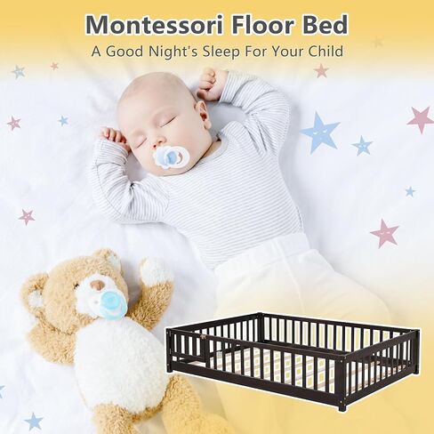 Dolonm Twin Size Montessori Bed, Toddler Floor Bed for Kids, Floor Platform Bed with Fence Guardrails and Door, Montessori Floor Bed Frame, Wooden Floor Bed Toddler, Espresso in Kuwait