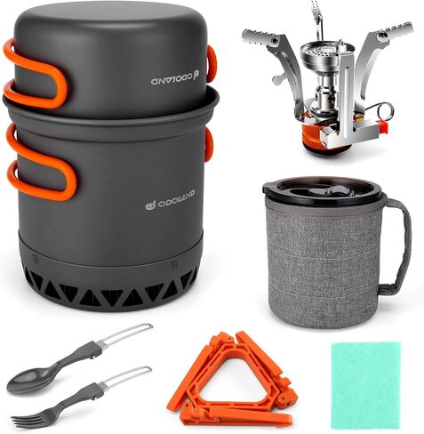 Odoland Camping Pots with Heat Exchanger Camping Cooking Set with Portable Camping Stove Camping Mess Kit Include Mug, Folding Utensil Set, Canister Stabilizer for Backpacking Outdoor Hiking & Picnic in Saudi Arabia