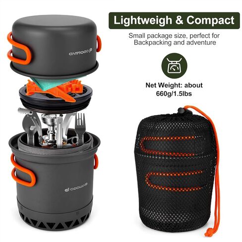 Odoland Camping Pots with Heat Exchanger Camping Cooking Set with Portable Camping Stove Camping Mess Kit Include Mug, Folding Utensil Set, Canister Stabilizer for Backpacking Outdoor Hiking & Picnic in Saudi Arabia
