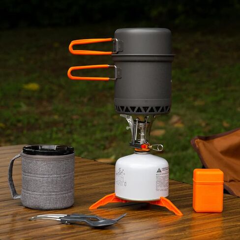 Odoland Camping Pots with Heat Exchanger Camping Cooking Set with Portable Camping Stove Camping Mess Kit Include Mug, Folding Utensil Set, Canister Stabilizer for Backpacking Outdoor Hiking & Picnic in Saudi Arabia