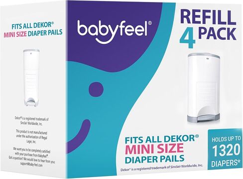 عبوات Babyfeel المتوافقة مع دلاء الحفاضات DEKOR MINI | 4 عبوات | سمك إضافي حصري بنسبة 20% | يمكن إعادة تعبئة سطل الحفاضات مع إزالة قوية للرائحة | رائحة مسحوق | تحمل ما يصل إلى 1320 حفاضة in Kuwait