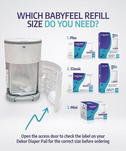عبوات Babyfeel المتوافقة مع دلاء الحفاضات DEKOR MINI | 4 عبوات | سمك إضافي حصري بنسبة 20% | يمكن إعادة تعبئة سطل الحفاضات مع إزالة قوية للرائحة | رائحة مسحوق | تحمل ما يصل إلى 1320 حفاضة in Kuwait