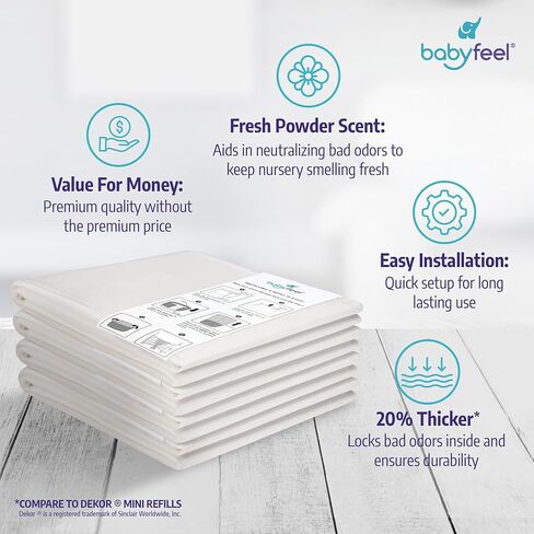 عبوات Babyfeel المتوافقة مع دلاء الحفاضات DEKOR MINI | 4 عبوات | سمك إضافي حصري بنسبة 20% | يمكن إعادة تعبئة سطل الحفاضات مع إزالة قوية للرائحة | رائحة مسحوق | تحمل ما يصل إلى 1320 حفاضة in Kuwait