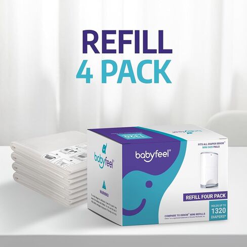 عبوات Babyfeel المتوافقة مع دلاء الحفاضات DEKOR MINI | 4 عبوات | سمك إضافي حصري بنسبة 20% | يمكن إعادة تعبئة سطل الحفاضات مع إزالة قوية للرائحة | رائحة مسحوق | تحمل ما يصل إلى 1320 حفاضة in Kuwait