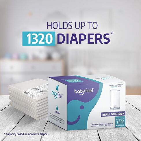 عبوات Babyfeel المتوافقة مع دلاء الحفاضات DEKOR MINI | 4 عبوات | سمك إضافي حصري بنسبة 20% | يمكن إعادة تعبئة سطل الحفاضات مع إزالة قوية للرائحة | رائحة مسحوق | تحمل ما يصل إلى 1320 حفاضة in Kuwait