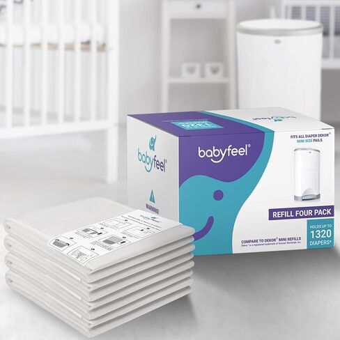 عبوات Babyfeel المتوافقة مع دلاء الحفاضات DEKOR MINI | 4 عبوات | سمك إضافي حصري بنسبة 20% | يمكن إعادة تعبئة سطل الحفاضات مع إزالة قوية للرائحة | رائحة مسحوق | تحمل ما يصل إلى 1320 حفاضة in Kuwait
