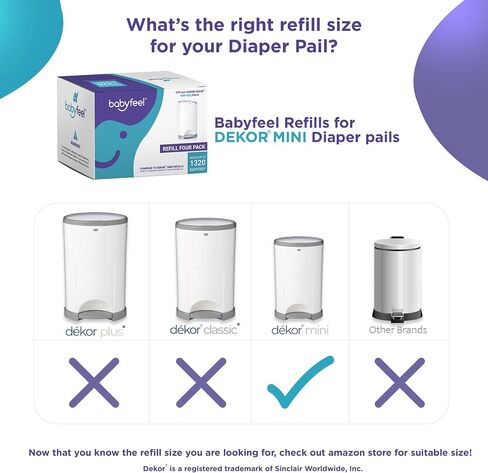 عبوات Babyfeel المتوافقة مع دلاء الحفاضات DEKOR MINI | 4 عبوات | سمك إضافي حصري بنسبة 20% | يمكن إعادة تعبئة سطل الحفاضات مع إزالة قوية للرائحة | رائحة مسحوق | تحمل ما يصل إلى 1320 حفاضة in Kuwait