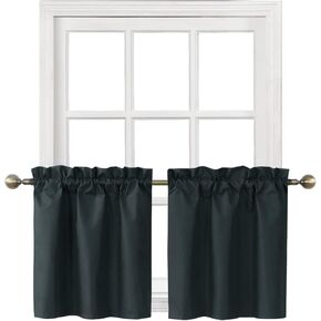 Home Queen Blackout Rod Pocket Tier Curtains for Small Window, Short Room Darkening Basement Curtains, Cafe Drapes, 2 Panels, 30 W x 24 L Inch Each, Black in Kuwait