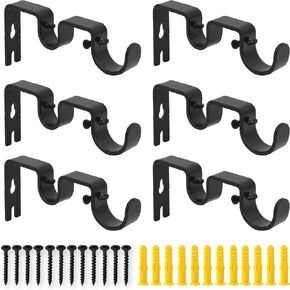 AddGrace 6 PCS Double Curtain Rod Bracket Heavy Duty Vintage Curtain Rod Holder for 1" and 5/8" Rod (6 pcs Black)