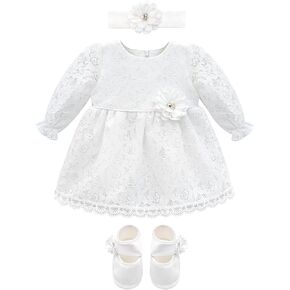Lilax Baby Girls' Lace Floral Embroidered Dress with Matching Shoes Christening Baptism Dress in Saudi Arabia
