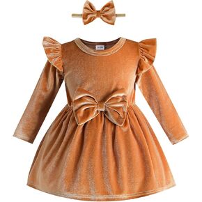 Kucnuzki Toddler Baby Girl Clothes Velvet Dress Solid Little Flower Girl Dress Princess Casual Party Dress for Girl Fall