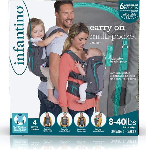 Infantino Carry On Multi-Pocket Carrier - All-Positions, Black, Ergonomic Design for Newborns and Toddlers, 8-40 lbs. with Forward-Facing, in-Facing and Backpack Positions Plus 6 Storage Pockets in Kuwait