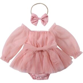 ODASDO Newborn Baby Girl Romper Dress Flower Embroidery Tutu Princess Long Sleeve One-Piece Bodysuit Cake Smash Outfit