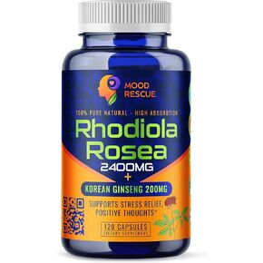 مكمل Mood Rescue Rhodiola Rosea 2400 مجم مع الجينسنغ الكوري 200 مجم - عشب متكيف لدعم الدماغ والتوتر والمزاج - مكونات غير معدلة وراثيًا، 90 كبسولة مركزة (90)