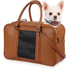 نويل شنطة حمل انيقة للكلاب الصغيرة مع جيبين اضافيين تحمل ما يصل الى 10 باوند، حامل حيوانات اليفة من جلد البولي يوريثين، حامل قطط معتمد من شركات الطيران للسفر (لون بني، مقاس S) in Kuwait