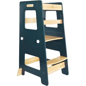WOOD CITY Kitchen Step Stool - Safe Montessori Standing Tower for Kids with Safety Rail, Height Adjustable Toddler Ideal Helper for Learning New Skills, Anti-Slip Protection for Bathroom - Deep Blue