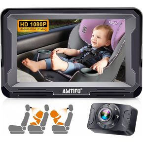 مرآة سيارة أطفال عالية الدقة 1080P كاميرا للرضع المواجهة الخلفية مراقب الرؤية الخلفية لمقعد السيارة والسفر للأطفال حديثي الولادة إصدار الأشعة تحت الحمراء الليلية AMTIFO A3 in Kuwait