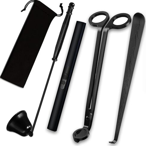 5 in 1 Candle Accessory Set, Candle Wick Trimmer Cutter, Candle Snuffer & Candle Wick Dipper,USB Electric Lighter And Storage Tray Plate for Candle Lover Gift, Stainless Steel Candle Care Kit (Black) in Kuwait