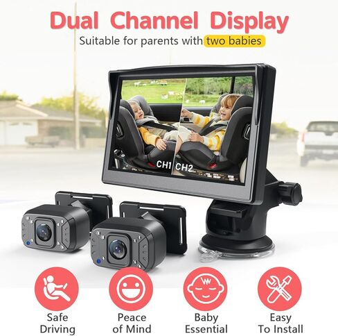 Itomoro Baby Car Camera, Dual Channel 5 Inch Monitor with 2 IR Night Vision AHD Camera, Easily Install 1080P Clear Car Baby Monitor with Camera for Backseat ACZ403 in Kuwait
