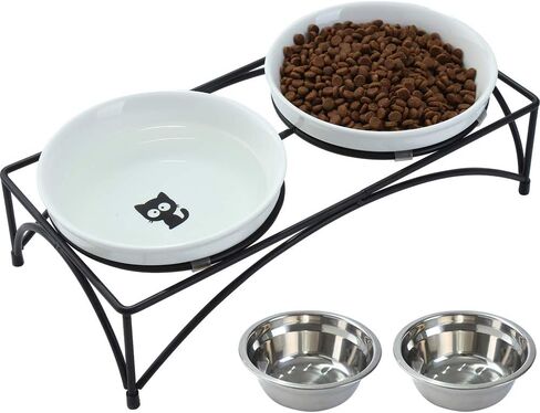 FOREYY Elevated Cat Bowls with 2 Ceramic Bowls and 2 Stainless Steel Bowls,Raised Cat Food Water Bowl with Iron Stand,Porcelain Pet Dishes for Cats and Small Dogs,16 Ounces,Dishwasher Safe(Blue) in Saudi Arabia