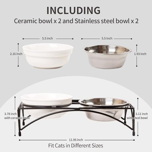 FOREYY Elevated Cat Bowls with 2 Ceramic Bowls and 2 Stainless Steel Bowls,Raised Cat Food Water Bowl with Iron Stand,Porcelain Pet Dishes for Cats and Small Dogs,16 Ounces,Dishwasher Safe(Blue) in Saudi Arabia