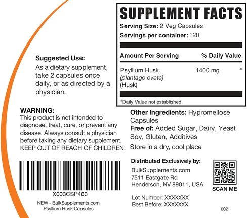 BulkSupplements.com Psyllium Husk Capsules - Fiber Supplement, Psyllium Husk Fiber, Psyllium Husk Pills - Vegan & Gluten Free, 2 Capsules (1400mg) per Serving, 240 Veg Capsules in Saudi Arabia