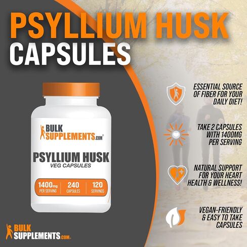 BulkSupplements.com Psyllium Husk Capsules - Fiber Supplement, Psyllium Husk Fiber, Psyllium Husk Pills - Vegan & Gluten Free, 2 Capsules (1400mg) per Serving, 240 Veg Capsules in Saudi Arabia