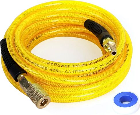 FYPower Air Compressor Hose 1/4 Inch x 50 Feet Reinforced Polyurethane (PU) Air Hose with Fittings, Bend Restrictors, 1/4" Industrial Quick Coupler and Plug Kit, Yellow in Kuwait
