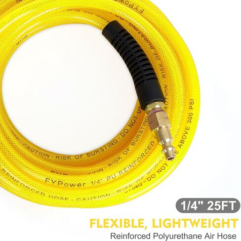 FYPower Air Compressor Hose 1/4 Inch x 50 Feet Reinforced Polyurethane (PU) Air Hose with Fittings, Bend Restrictors, 1/4" Industrial Quick Coupler and Plug Kit, Yellow in Kuwait