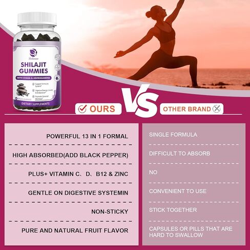 مكمل عضوي نقي من راتنج الهيمالايا شيلاجيت، علكة شيلاجيت 13 في 1 للرجال والنساء - مكملات شيلاجيت 600 ملغ مع 85+ من المعادن النزرة وحمض الفولفيك للطاقة ودعم المناعة - 120 قطعة in Kuwait