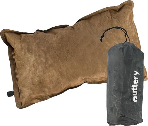 اوتليري وسادة تخييم - وسادة سفر مبطنة من الميموري فوم، وسادة خفيفة الوزن وصغيرة الحجم ومحمولة للتخييم والمشي لمسافات طويلة والسفر - وسادة تخييم مقاومة للماء، مجموعة من قطعة واحدة، لون بني in Kuwait