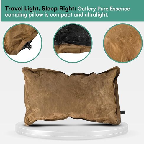 اوتليري وسادة تخييم - وسادة سفر مبطنة من الميموري فوم، وسادة خفيفة الوزن وصغيرة الحجم ومحمولة للتخييم والمشي لمسافات طويلة والسفر - وسادة تخييم مقاومة للماء، مجموعة من قطعة واحدة، لون بني in Kuwait