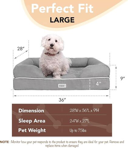 Friends Forever Large Dog Bed, Orthopedic Dog Sofa Memory Foam Mattress, Calming Dog Couch Bed, Wall Rim Pillow, Water Resistant Liner, Washable Cover, Non-Slip Bottom, Chester, Large Cocoa Brown in Kuwait