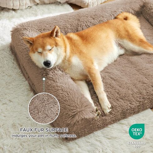 سرير كلب مهدئ من Bedsure للكلاب الكبيرة - سرير أريكة للكلاب من إسفنج البيض لتقويم العظام، سرير للحيوانات الأليفة مزود بأريكة مع غطاء قابل للإزالة وقابل للغسل، طبقة مقاومة للماء، سطح مريح من الفرو الصناعي وقاعدة غير قابلة للانزلاق، رمادي داكن in Kuwait
