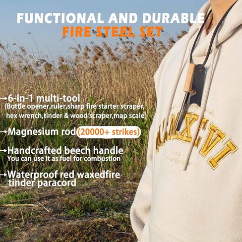 Fire Starter (2 Packs), All-Weather Magnesium Ferro Rod for Camping and Hiking, Emergency Survival Kits with Waxed Fire Tinder Paracord (28inch)&Beech Handle&&6-in-1 Multi-Tool in Saudi Arabia