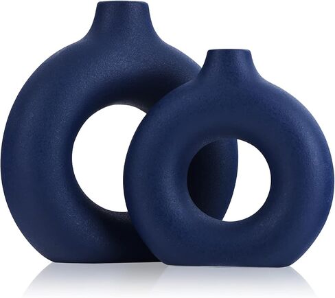 Blue Ceramics Vase for Home Decor -Blue Vase Set of 2 Circular Flowers Vase Modern Navy Blue Decor - Home Decoration for Kitchen Table, Living Room Side Table, Fire Place or Flower Shop in Saudi Arabia