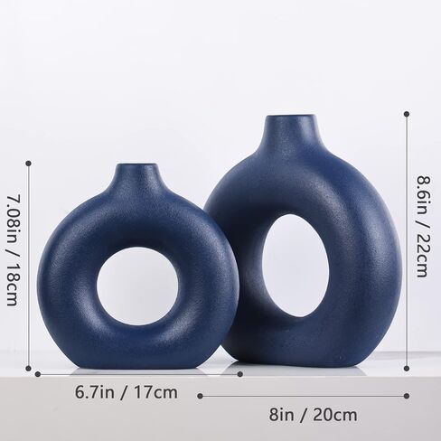 Blue Ceramics Vase for Home Decor -Blue Vase Set of 2 Circular Flowers Vase Modern Navy Blue Decor - Home Decoration for Kitchen Table, Living Room Side Table, Fire Place or Flower Shop in Saudi Arabia