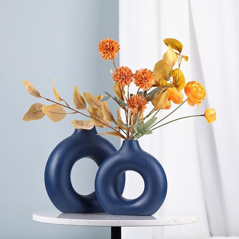 Blue Ceramics Vase for Home Decor -Blue Vase Set of 2 Circular Flowers Vase Modern Navy Blue Decor - Home Decoration for Kitchen Table, Living Room Side Table, Fire Place or Flower Shop in Saudi Arabia