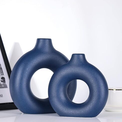 Blue Ceramics Vase for Home Decor -Blue Vase Set of 2 Circular Flowers Vase Modern Navy Blue Decor - Home Decoration for Kitchen Table, Living Room Side Table, Fire Place or Flower Shop in Saudi Arabia
