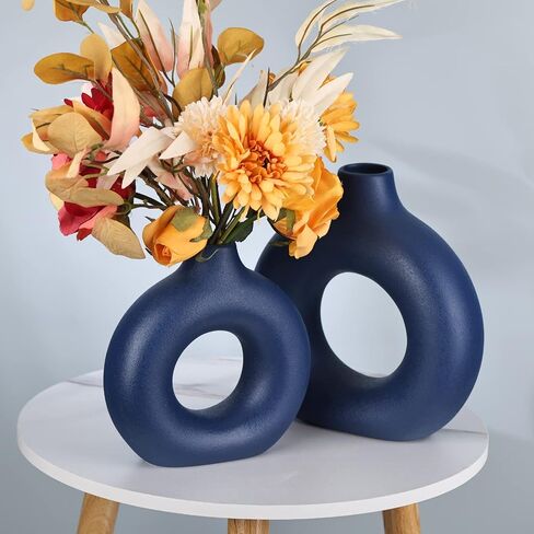 Blue Ceramics Vase for Home Decor -Blue Vase Set of 2 Circular Flowers Vase Modern Navy Blue Decor - Home Decoration for Kitchen Table, Living Room Side Table, Fire Place or Flower Shop in Saudi Arabia