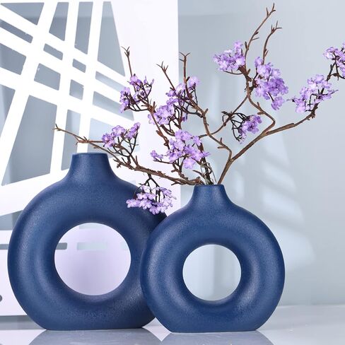 Blue Ceramics Vase for Home Decor -Blue Vase Set of 2 Circular Flowers Vase Modern Navy Blue Decor - Home Decoration for Kitchen Table, Living Room Side Table, Fire Place or Flower Shop in Saudi Arabia