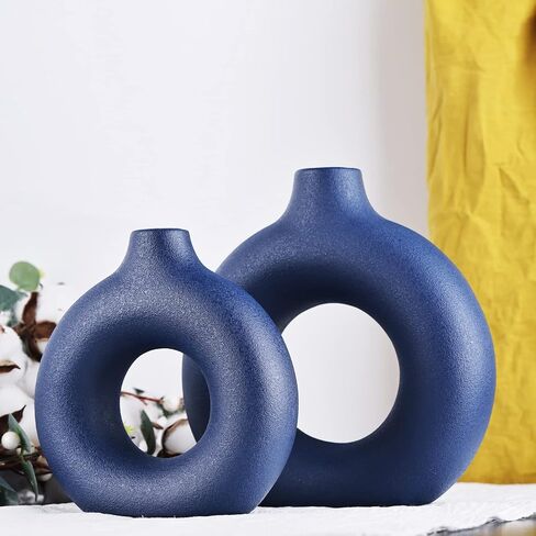 Blue Ceramics Vase for Home Decor -Blue Vase Set of 2 Circular Flowers Vase Modern Navy Blue Decor - Home Decoration for Kitchen Table, Living Room Side Table, Fire Place or Flower Shop in Saudi Arabia